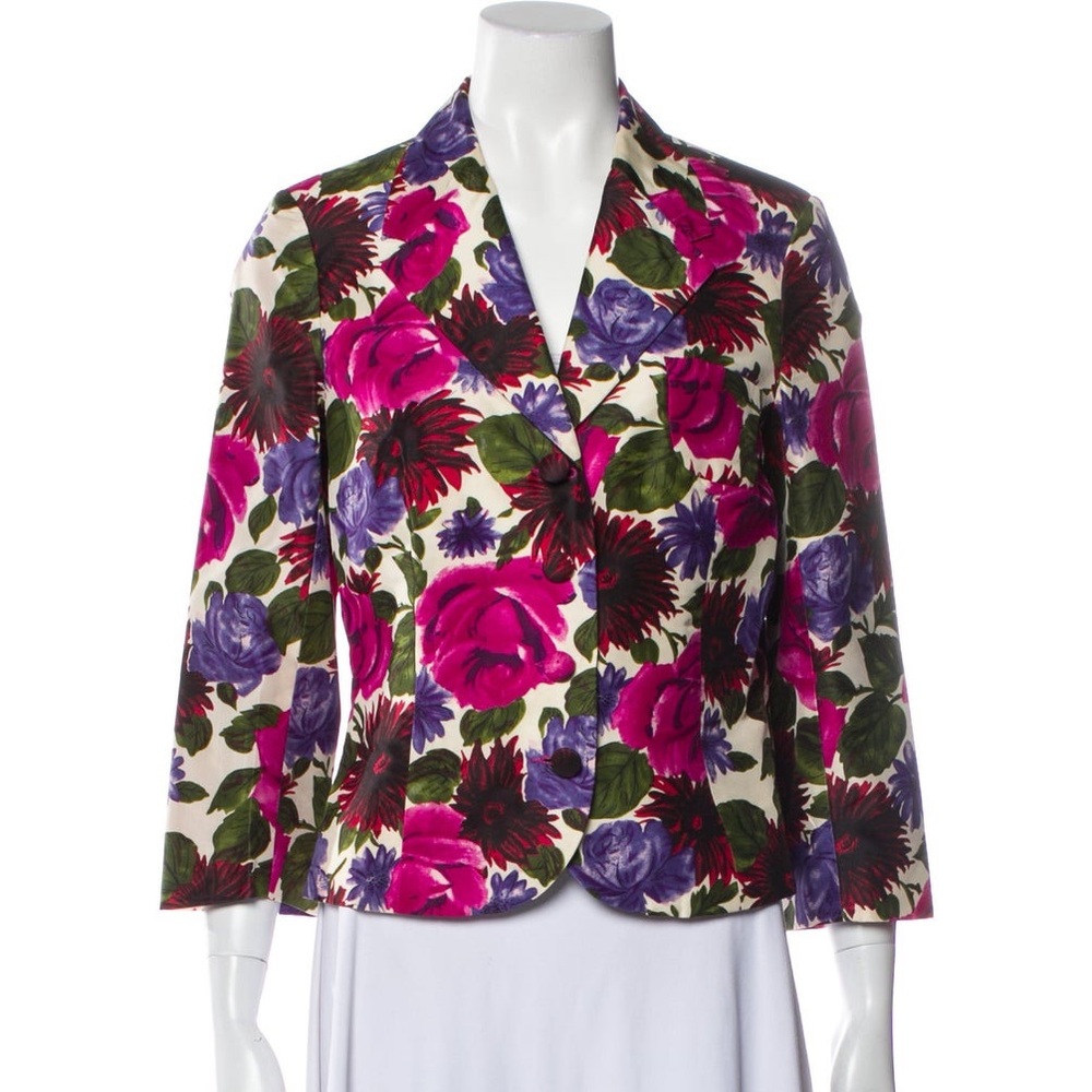 Tibi Silk Blazer, Floral Print Pink/Green/White, Size M
